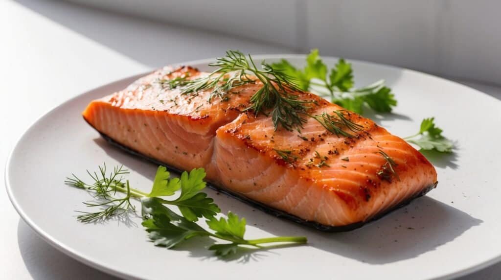 A grilled salmon fillet, part of a classic salmon recipe, garnished with fresh dill and parsley on a white plate.