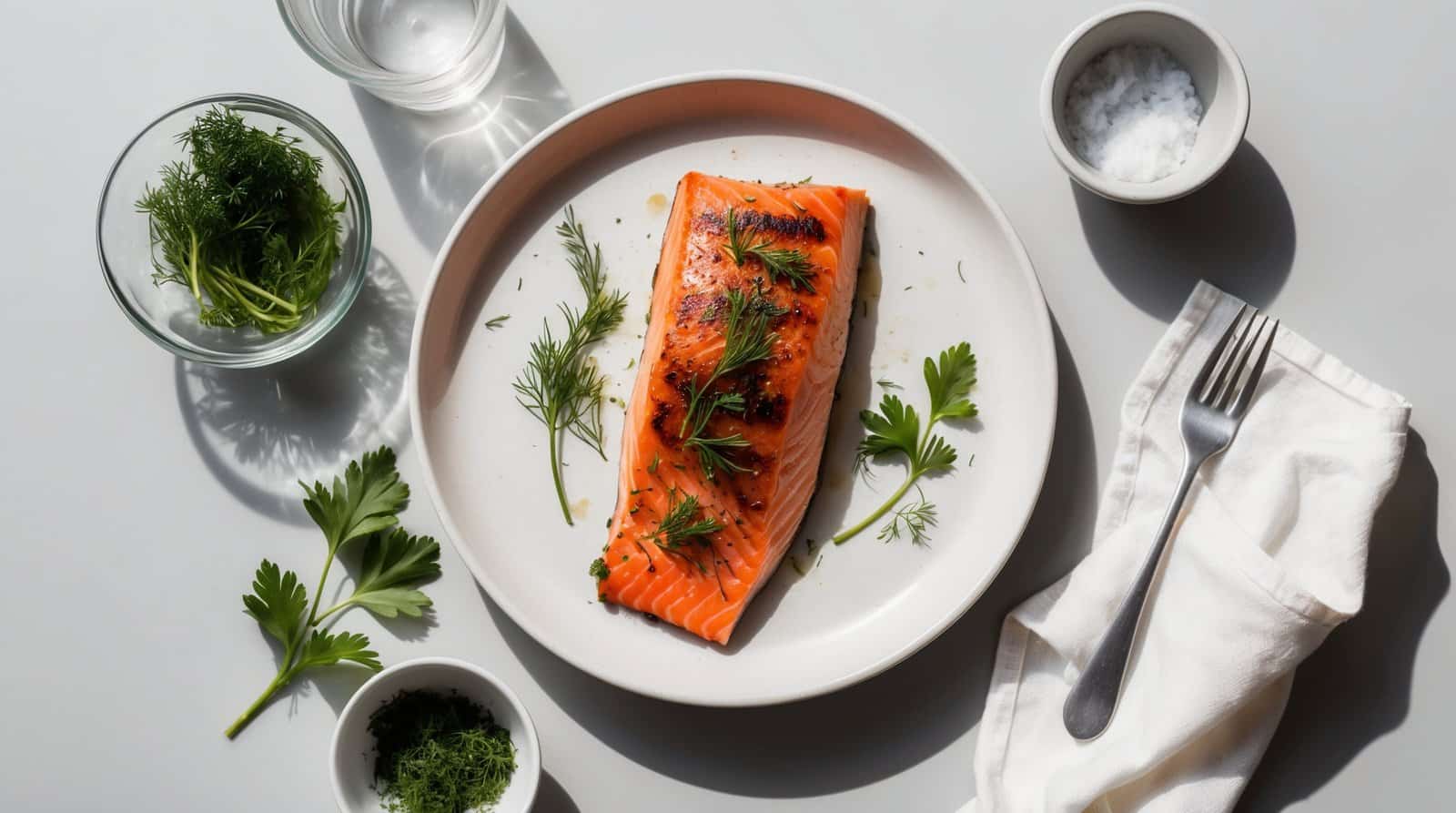 A smoked salmon fillet garnished with herbs is plated, surrounded by bowls of herbs and salt, a glass of water, and a fork with a white napkin.