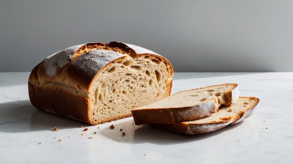 A loaf of homemade bread is partially sliced on a white marble surface with crumbs scattered around.