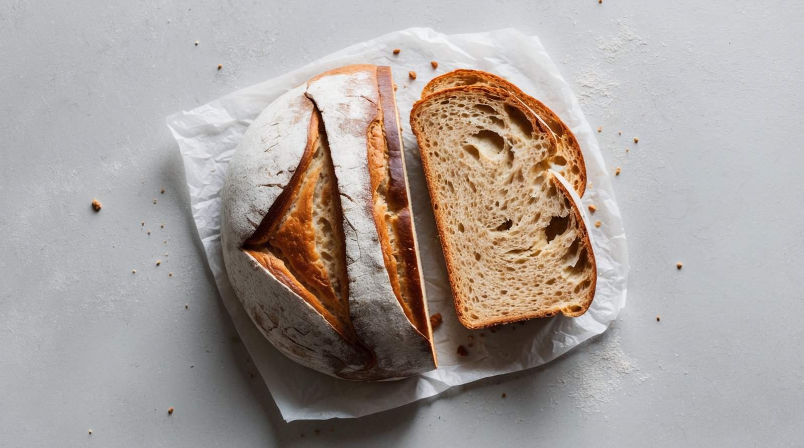 A round loaf of homemade sourdough bread, partially sliced, with two slices laid beside it on parchment paper. Crumbs are scattered on the gray surface.