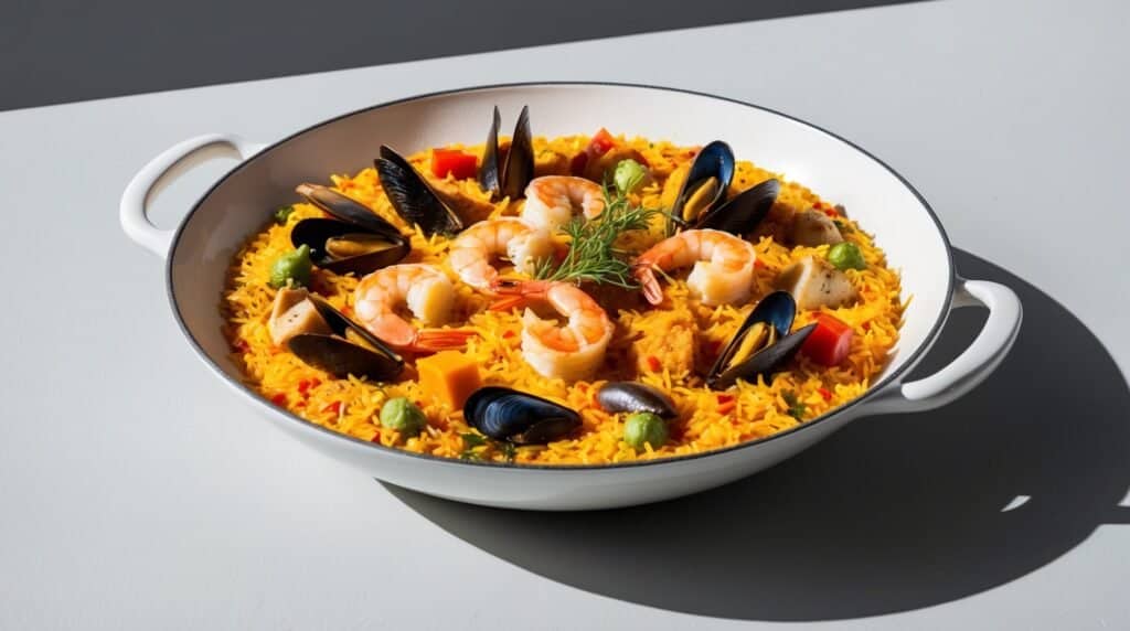 A white dish contains vibrant yellow traditional Spanish paella with shrimp, mussels, bell peppers, peas, and herbs.