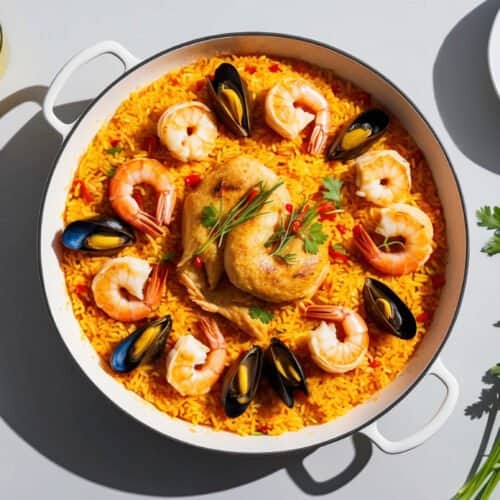 A pan of traditional Spanish paella with shrimp, mussels, chicken, and vegetables, garnished with parsley. Nearby are a plate with sliced lemons, a glass of juice, a glass of water, a lime, and a sprig of parsley.