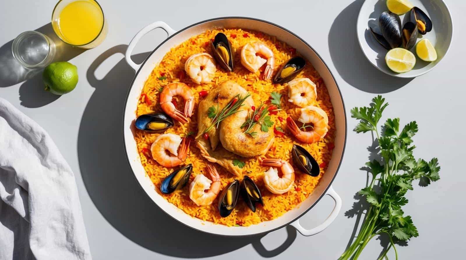 A pan of traditional Spanish paella with shrimp, mussels, chicken, and vegetables, garnished with parsley. Nearby are a plate with sliced lemons, a glass of juice, a glass of water, a lime, and a sprig of parsley.