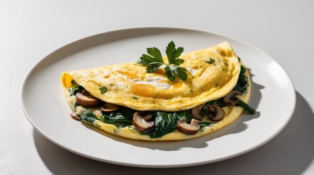 A plate with an omelette folded over cooked spinach and sliced mushrooms, garnished with a sprig of parsley.