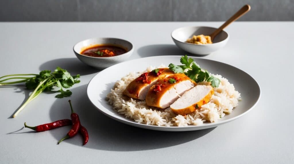 A plate with sliced, steamed chicken over white rice, garnished with cilantro and red chili. Accompanied by small bowls of sauce and mash, alongside extra cilantro and red chilies on the side. An authentic recipe that brings a taste of tradition to your table.