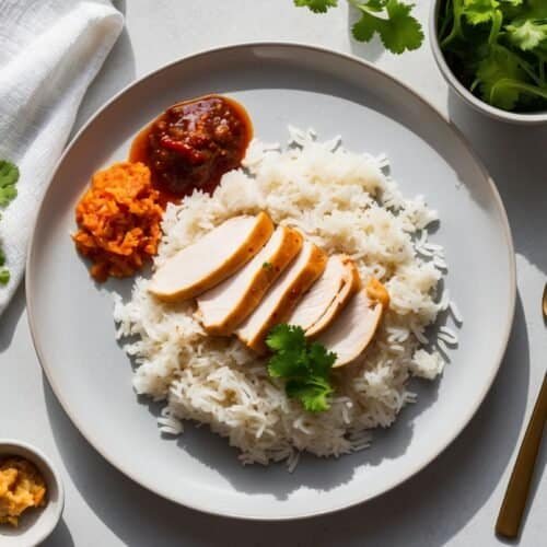 A plate of authentic rice topped with steamed chicken and garnished with cilantro, accompanied by red sauce, a small dish of yellow paste, a fork, a bowl of greens, and a cloth napkin.