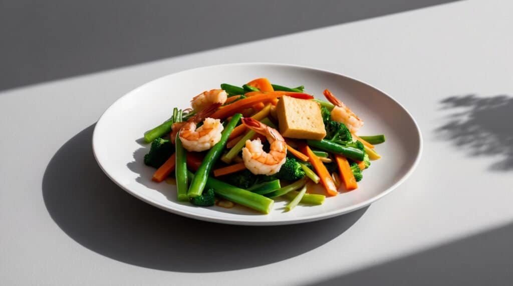 A white plate with a dish consisting of cooked shrimp, tofu, broccoli, carrots, and green beans is placed on a light grey surface—an ideal Nutritious Recipe for a quick meal.