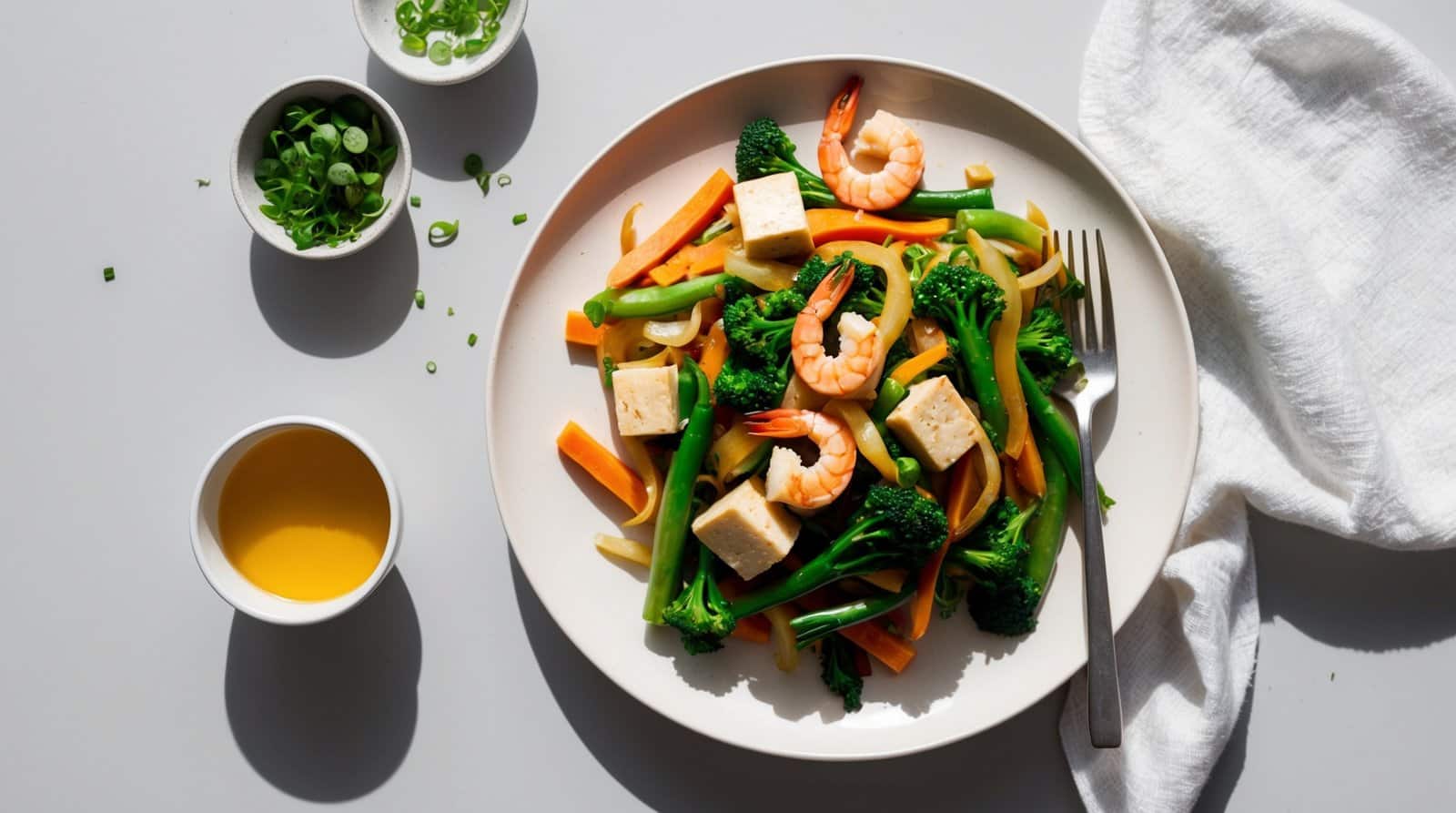 A quick and nutritious plate of mixed vegetables, tofu, and shrimp with a fork, accompanied by small bowls of chopped green onions and yellow sauce, and a white napkin on the side. Perfect for a veggie stir-fry lover!
