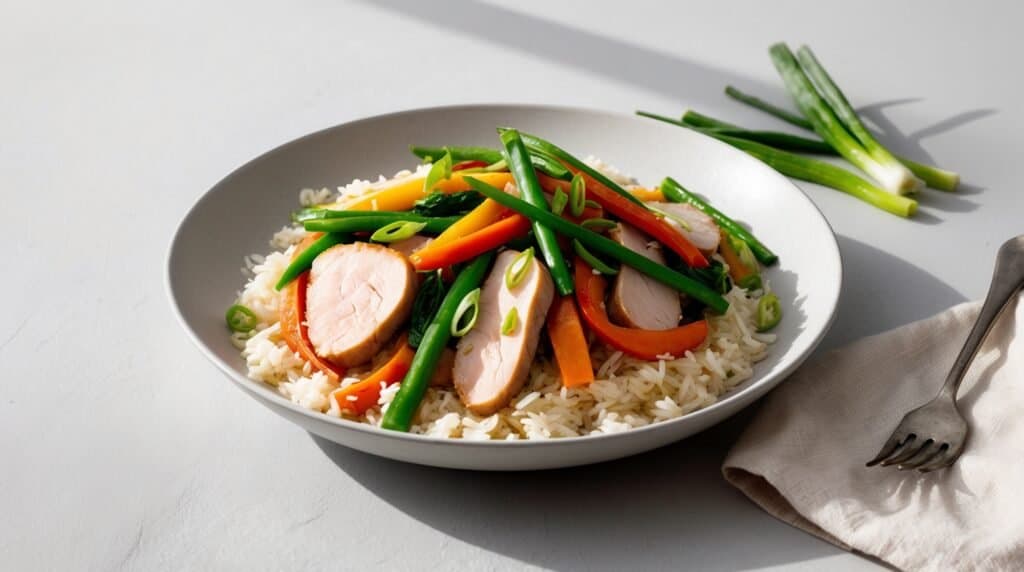 A bowl of rice topped with sliced cooked pork stir-fry, green beans, carrot strips, and bell peppers, with green onions sprinkled on top. A fork and a napkin are placed nearby. This quick recipe makes for a nourishing and flavorful meal.