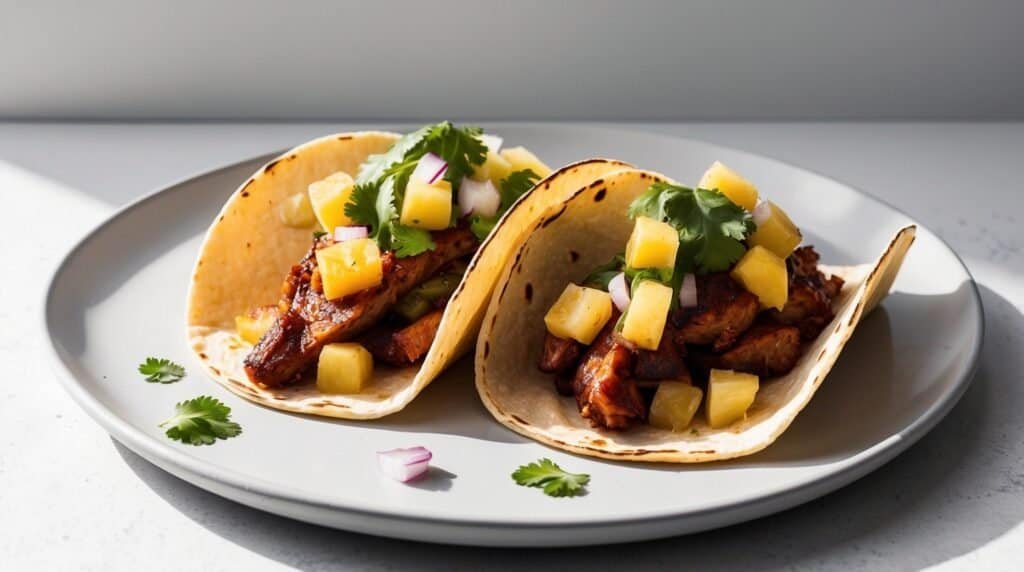 Two flavorful tacos filled with seasoned al pastor pork, topped with pineapple, cilantro, and red onions, served on a gray plate.