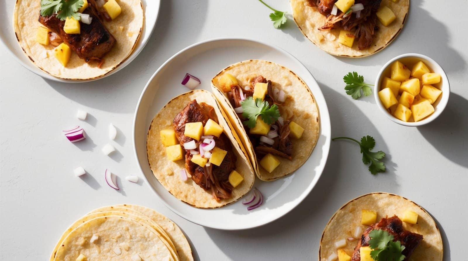 Flavorful tacos with shredded Al Pastor pork, diced mango, red onion, and cilantro on a white plate. Additional tacos and a small bowl of diced mango surround the plate.