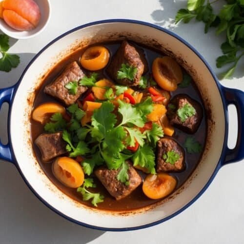 A blue-handled pot filled with tender beef chunks, apricot halves, bell peppers, and topped with fresh cilantro resembles a traditional Moroccan tagine. Two small bowls with apricots and a bunch of cilantro are placed beside the pot.