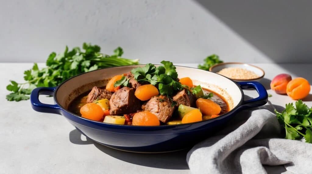 A blue dish filled with a traditional Moroccan tagine, featuring tender meat, apricots, and potatoes, garnished with fresh cilantro. Fresh cilantro, seasoning in a small bowl, and apricots are placed around the dish.