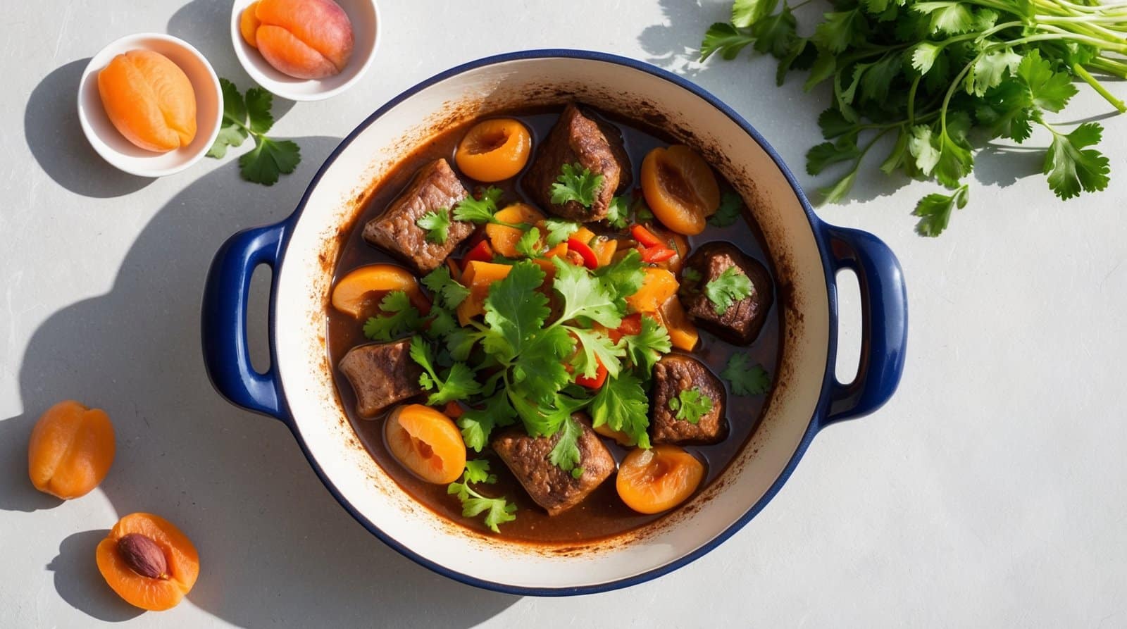 A blue-handled pot filled with tender beef chunks, apricot halves, bell peppers, and topped with fresh cilantro resembles a traditional Moroccan tagine. Two small bowls with apricots and a bunch of cilantro are placed beside the pot.