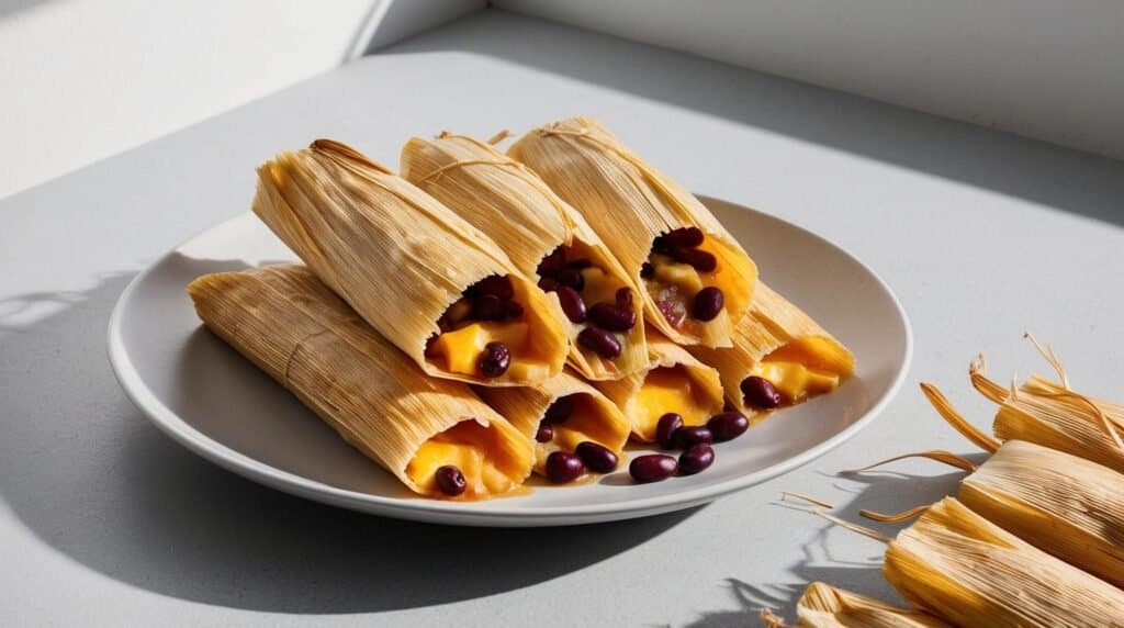 Plate of authentic Mexican tamales filled with melted cheese and black beans, placed on a light-colored table near a window with natural sunlight streaming in.
