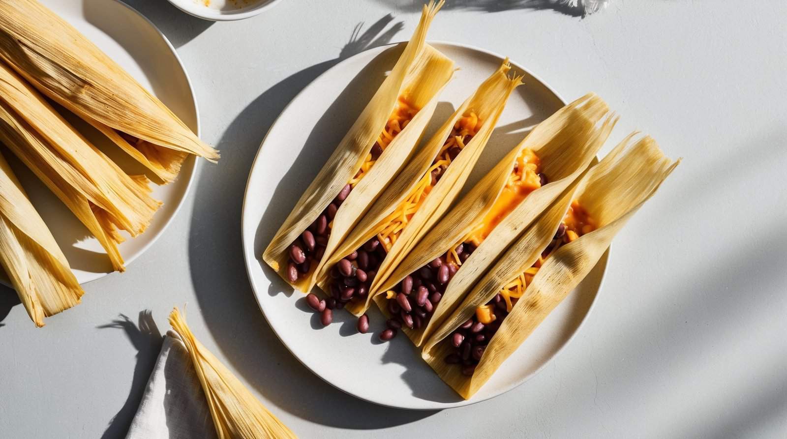 Four authentic Mexican tamales filled with beans and cheese are arranged in open corn husks on a white plate. Surrounding the plate are additional corn husks.