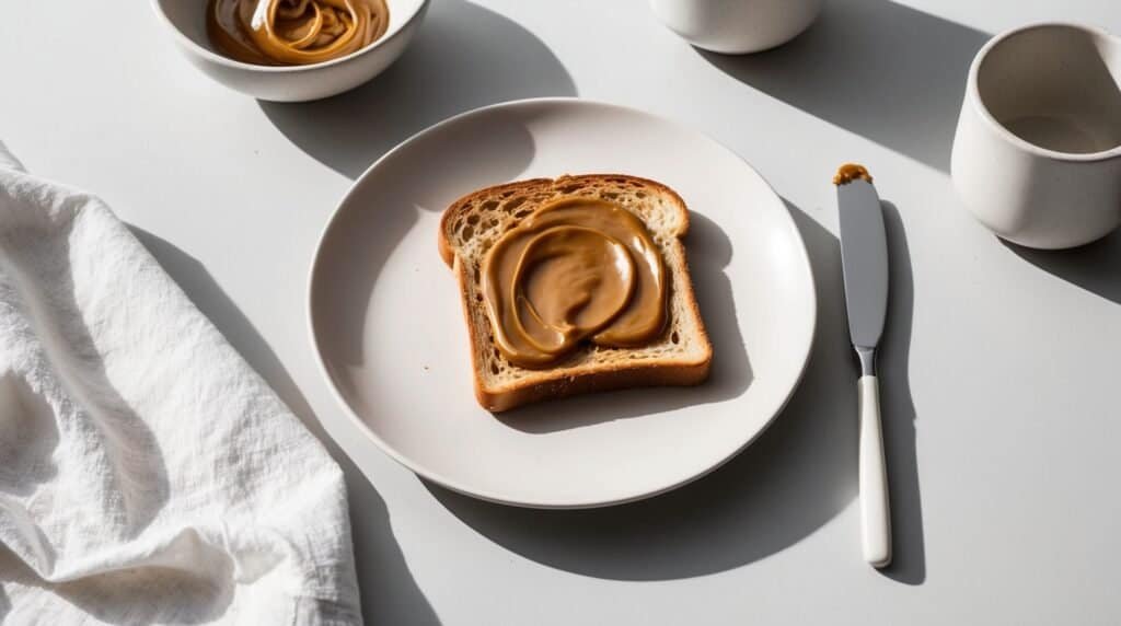 A slice of toast with a dollop of peanut butter on a white plate, accompanied by a knife, two bowls, two cups, and a cloth napkin on a white surface.