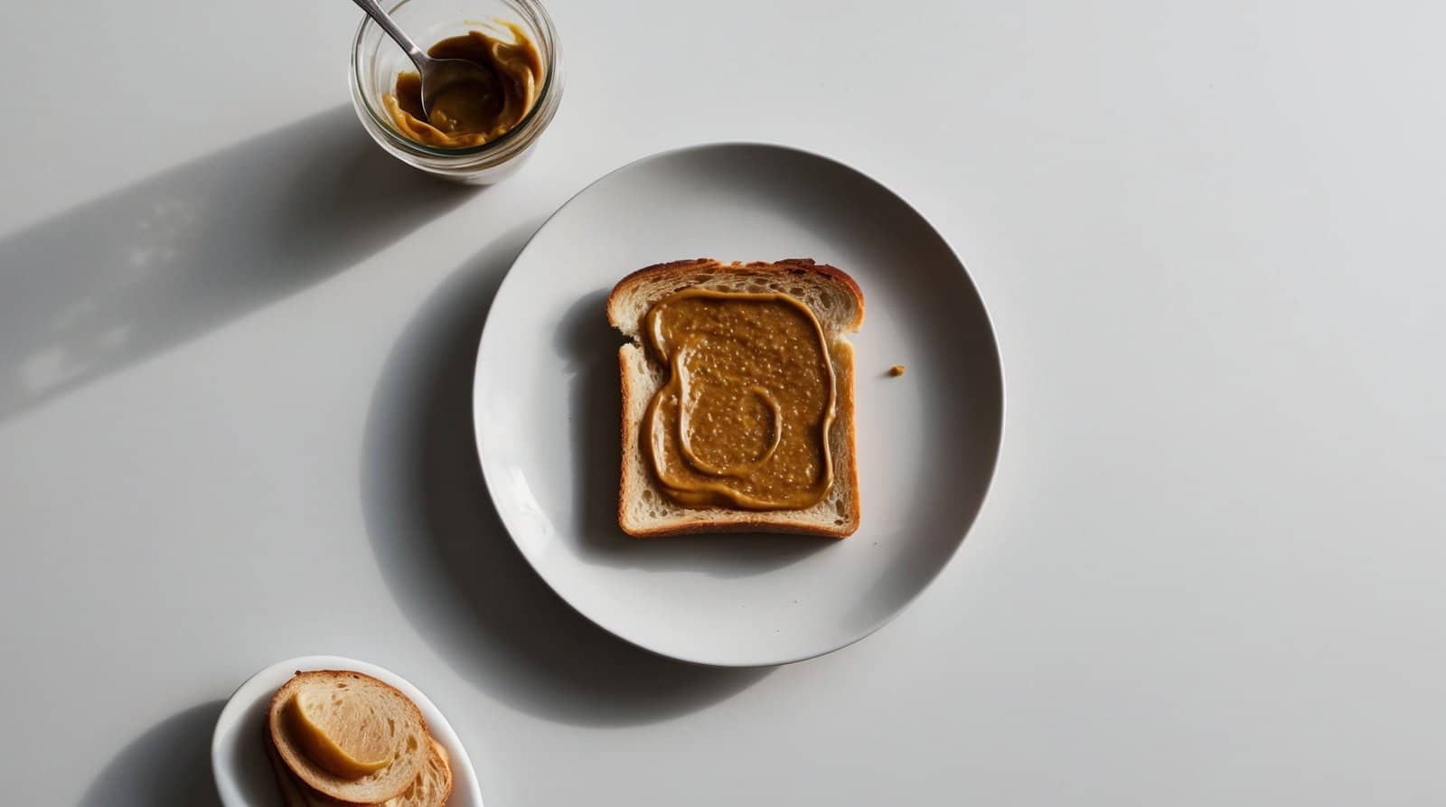 A plate with a slice of toast spread with peanut butter is placed on a white surface. Nearby are a jar of peanut butter with a spoon and a small bowl containing more slices of bread.