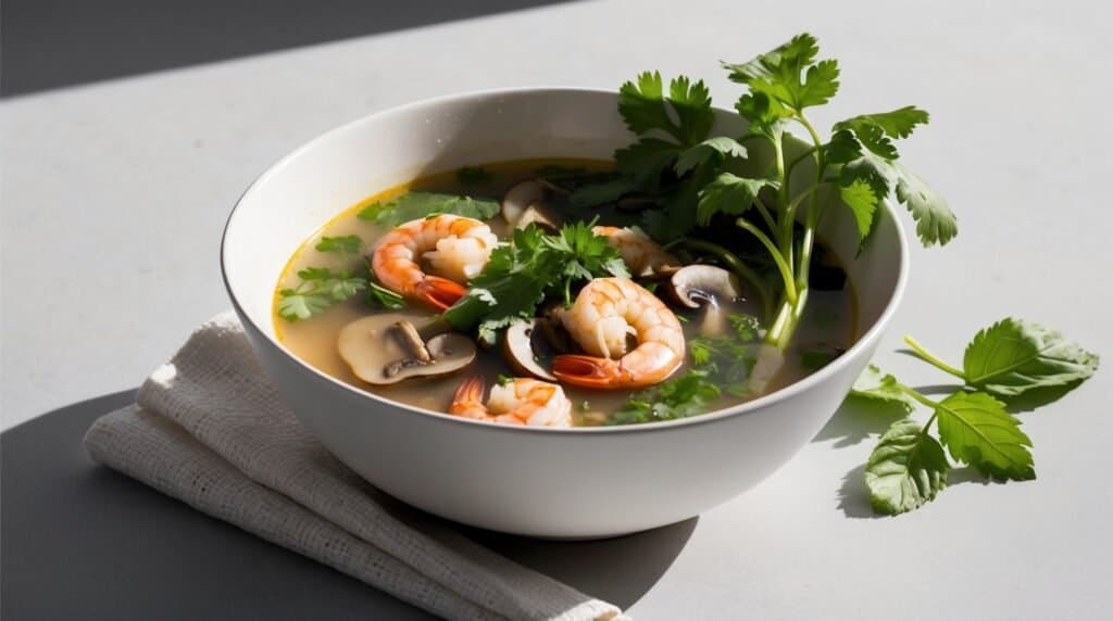 A bowl of shrimp soup with mushrooms and cilantro garnished on top, placed on a white cloth with roasted vegetables and cilantro leaves on the side.