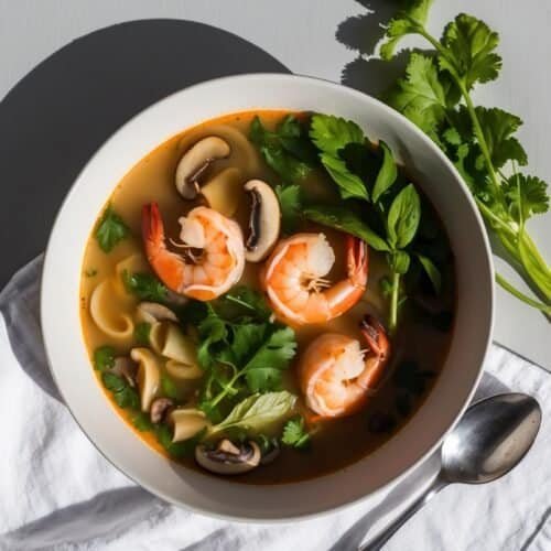 A bowl of shrimp and mushroom soup garnished with cilantro, placed on a white napkin with a spoon beside it. A sprig of cilantro is on the table, alongside some roasted vegetables for a hearty meal.