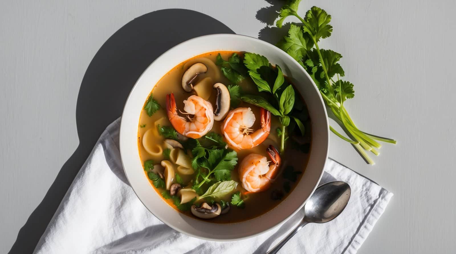 A bowl of shrimp and mushroom soup garnished with cilantro, placed on a white napkin with a spoon beside it. A sprig of cilantro is on the table, alongside some roasted vegetables for a hearty meal.