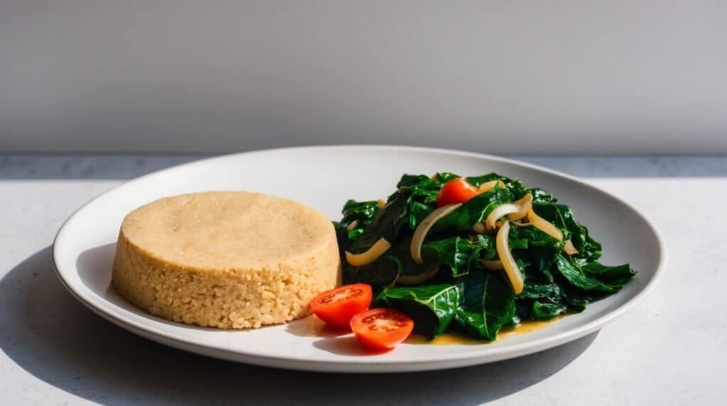 A white plate with a mold of couscous, a portion of sautéed greens with onions reminiscent of Sukuma Wiki, and two halved cherry tomatoes.