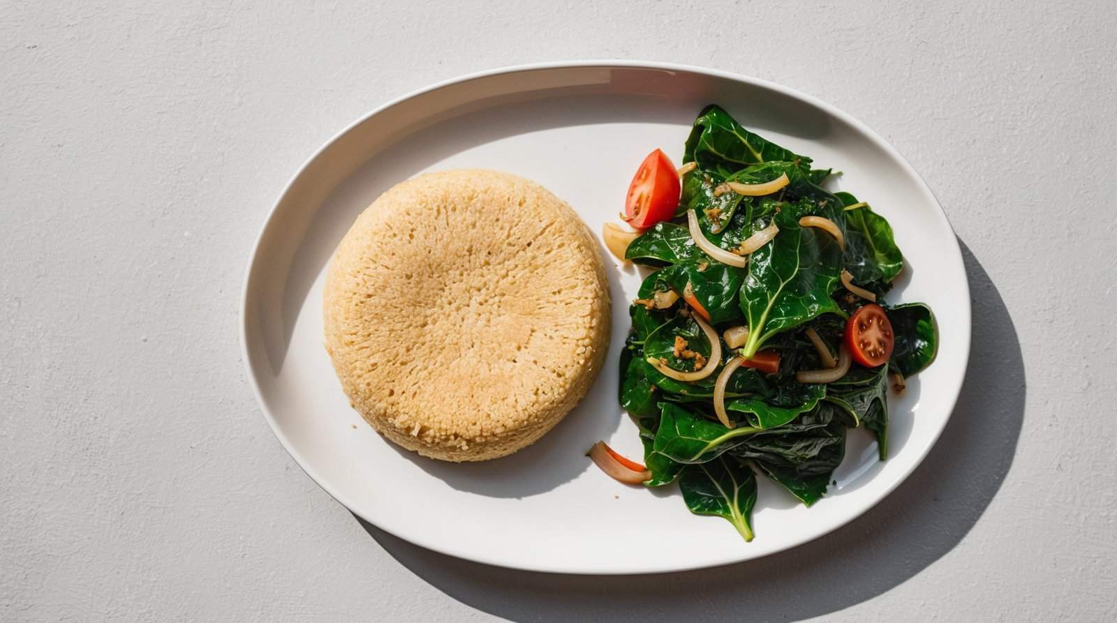 A white plate with a dome-shaped portion of fufu alongside a mixed vegetable dish featuring greens, tomatoes, and sliced onions reminiscent of Sukuma Wiki.
