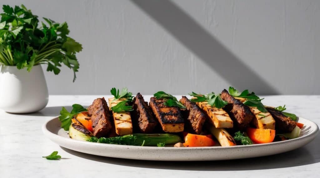 Grilled tofu and seitan slices on a plate with marinated vegetables, garnished with parsley. A small vase with fresh greens is in the background.