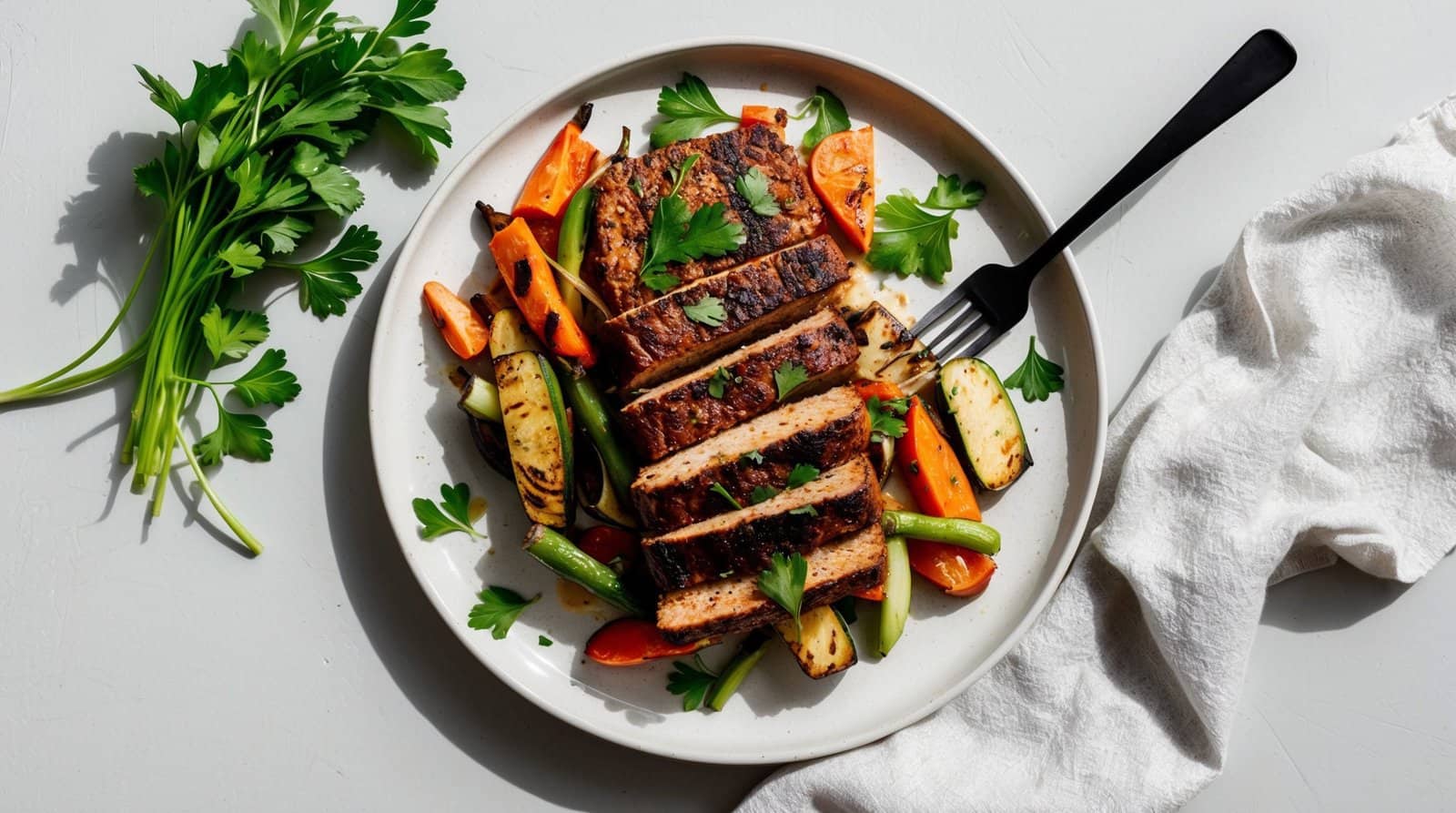 A plate of grilled chicken breast slices served with marinated vegetables including zucchini, carrots, and bell peppers, garnished with parsley, accompanied by a fork and a white napkin.