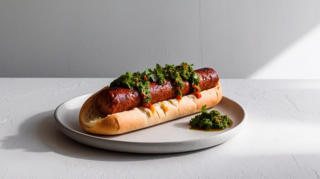 A smoky seitan sausage in a hot dog bun, topped with green chimichurri sauce, served on a white plate on a light grey surface.