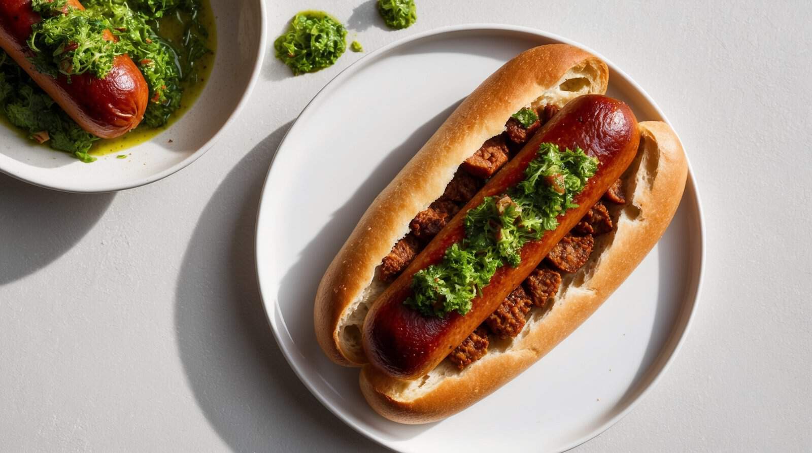 A cooked smoky seitan sausage in a bun is topped with a green herb garnish and served on a white plate, with a bowl of additional garnish on the side.