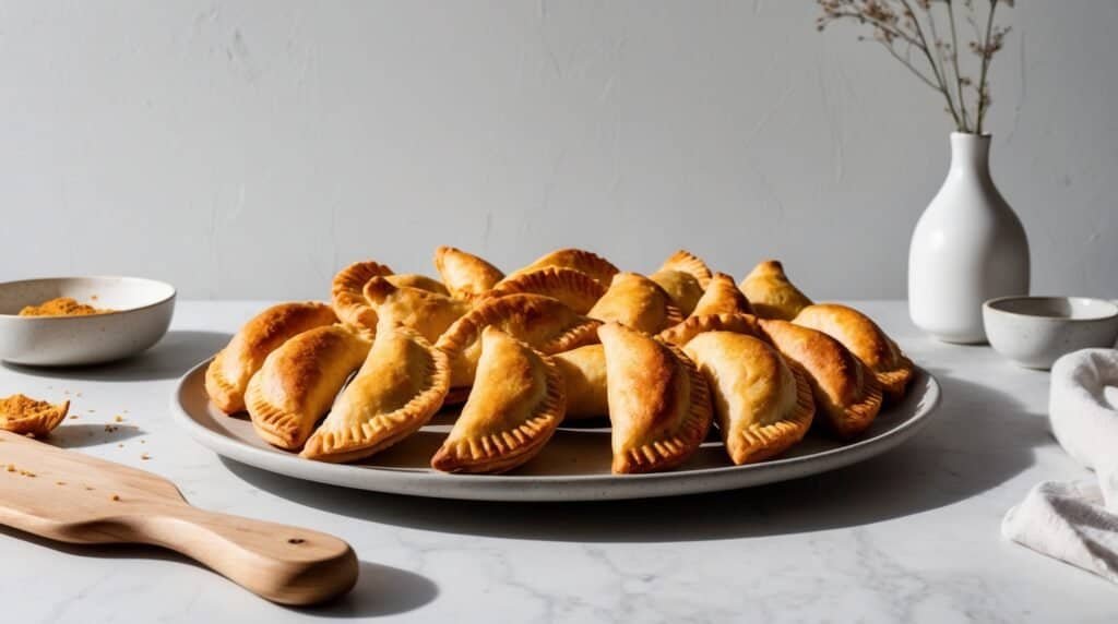 A plate filled with savory vegan empanadas on a table, accompanied by a wooden spatula, a small bowl, and a white vase with dried flowers in the background.