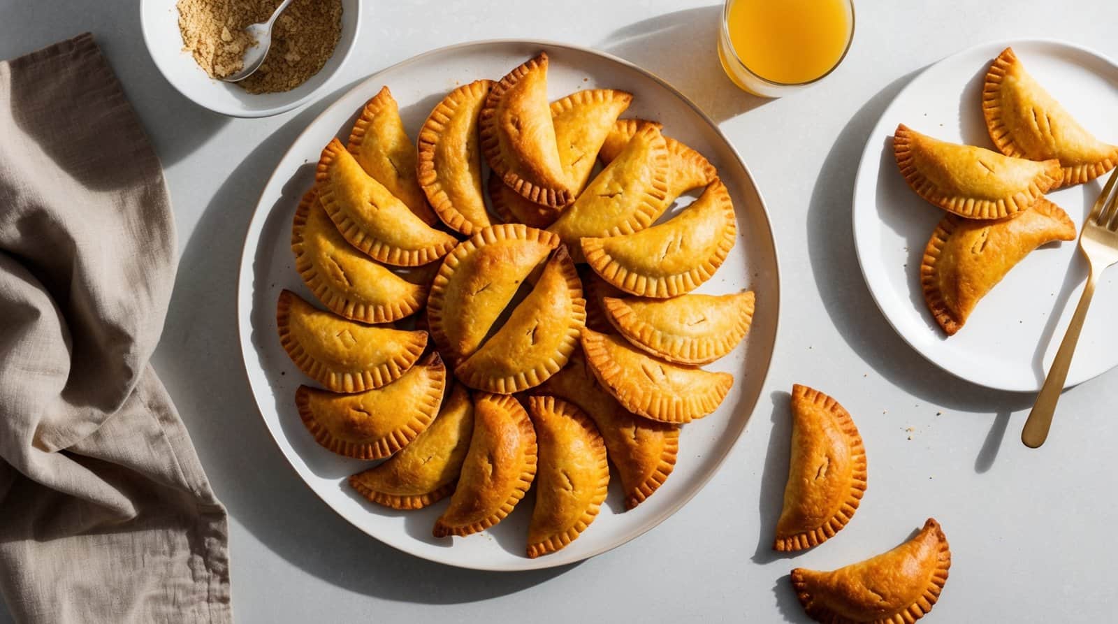 A plate of golden-brown vegan empanadas arranged in a circle on a white surface, with a glass of orange juice, a bowl of brown sugar, and a few empanadas on a smaller plate and the surface around it.