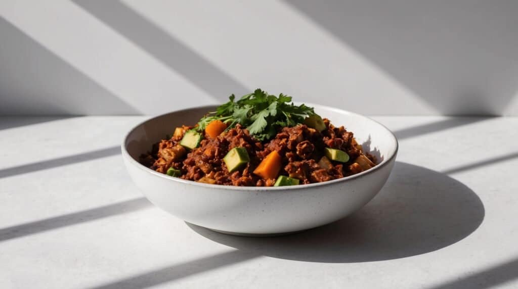 A white bowl filled with a flavorful mixture of ground meat, chopped vegetables, and topped with fresh cilantro sits on a surface illuminated by striped shadows.