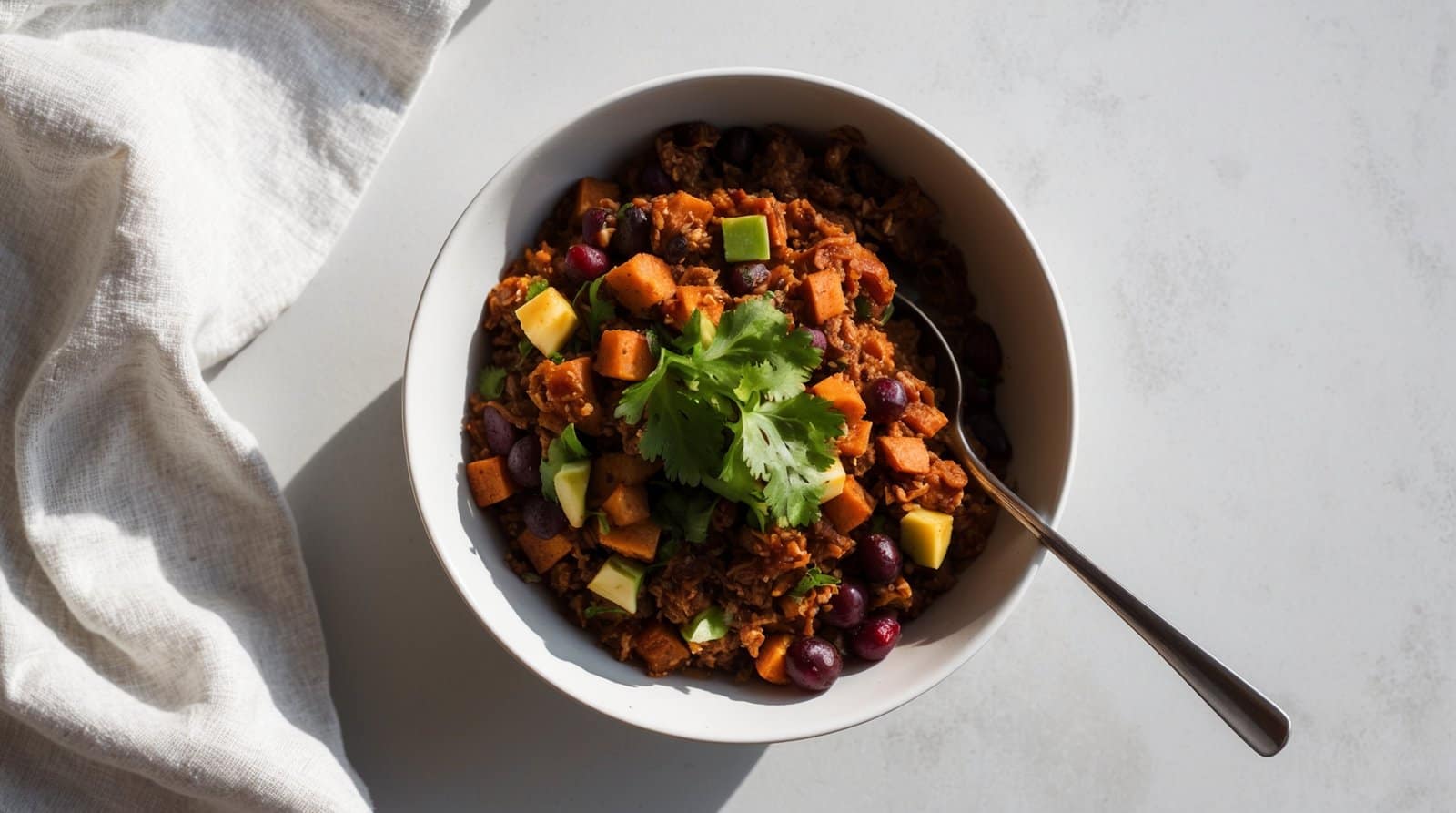 A bowl of chili topped with diced avocado, chunks of sweet potato, kidney beans, and a sprig of cilantro, with a spoon inside. This flavorful vegan dish sits on a white surface, accompanied by a cloth napkin.