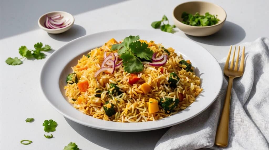 A white plate containing a healthy vegetable biryani made with brown rice, garnished with sliced red onion and cilantro. Nearby are small bowls with more cilantro, sliced onions, and a golden fork placed on a napkin.