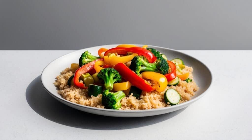 A plate of healthy quinoa topped with a vibrant vegetable stir-fry featuring red and yellow bell peppers, broccoli, and zucchini, on a plain background.