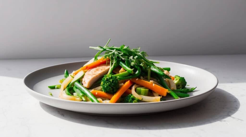 A white plate with a serving of mixed vegetables, including carrots, broccoli, green beans, and what appears to be pieces of chicken, is garnished with fresh herbs on a light-colored surface. This quick and healthy veggies stir-fry makes for a delightful meal.
