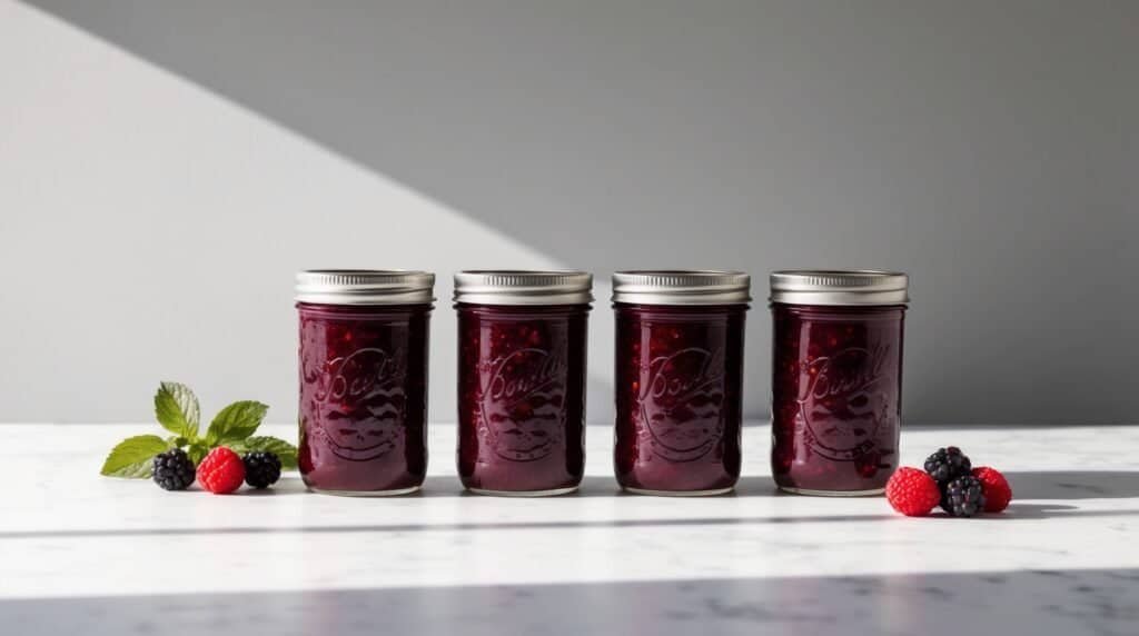 Four glass jars filled with dark red, homemade Wild Berry Jam are lined up on a white marble surface. Fresh raspberries and blackberries are arranged to the left and right of the jars, completing this delicious recipe scene.