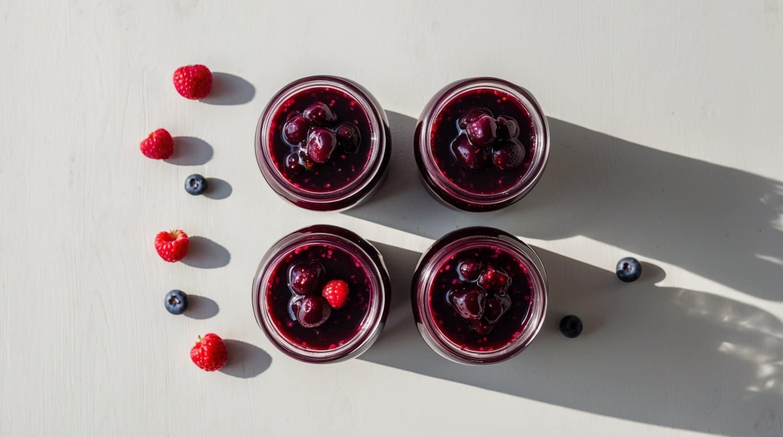 Four jars of homemade berry dessert are arranged in a square on a white surface, surrounded by scattered raspberries and blueberries. Two shadows cast to the right from the jars, adding to the charm of this wild berry delight.