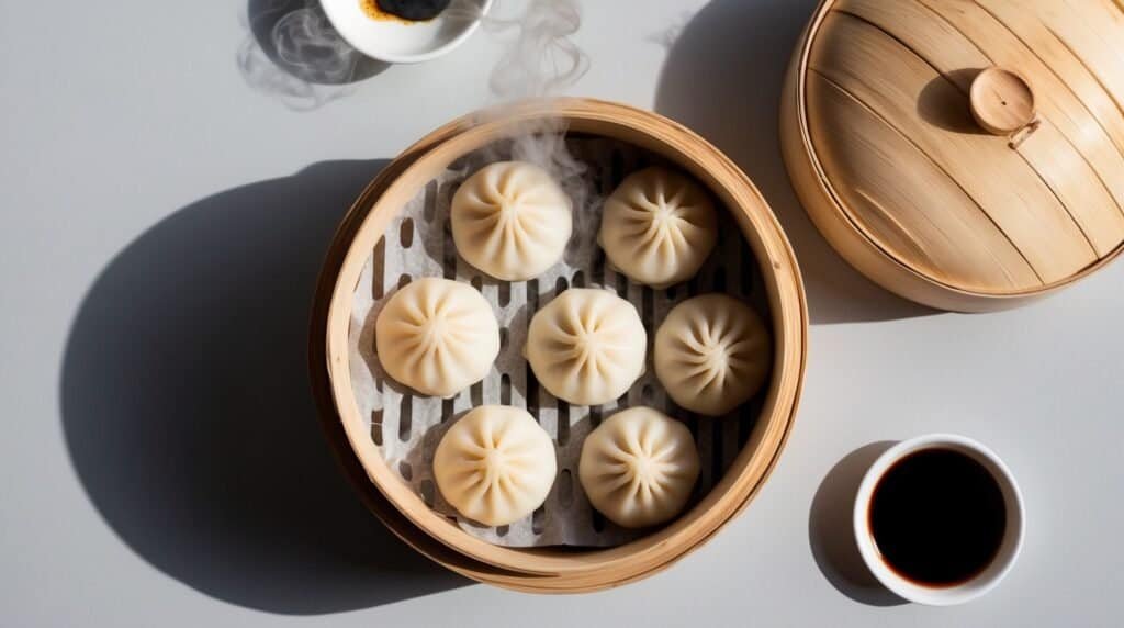 A bamboo steamer with six delicious Xiao Long Bao next to a cup of soy sauce and a small dish of sliced garnishes.