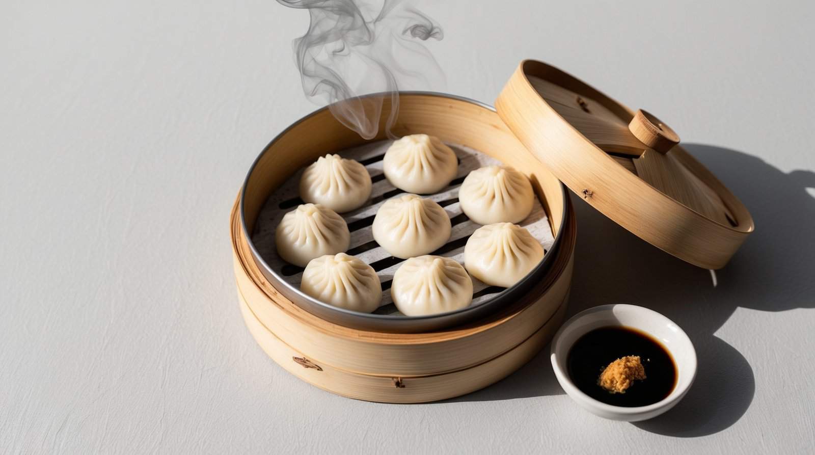 A bamboo steamer basket with nine delicious Xiaolongbao, emitting steam, alongside a small dish of soy sauce and mustard on the side.