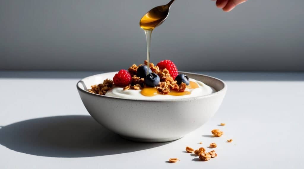 A bowl of nutritious yogurt topped with granola, blueberries, and raspberries is being drizzled with honey from a spoon.