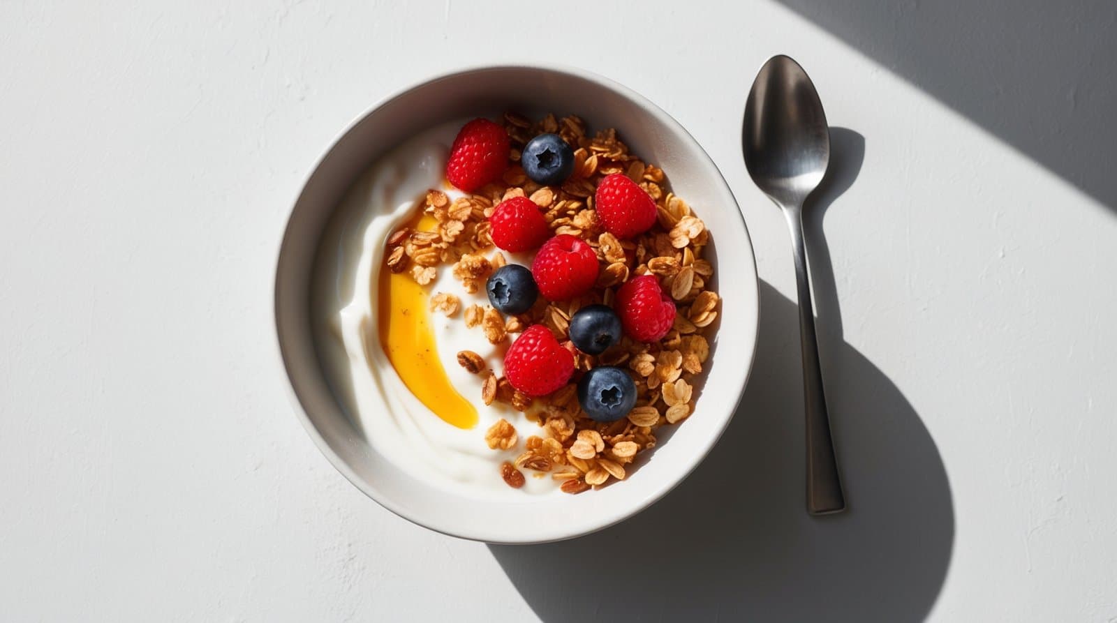 A bowl of nutritious yogurt topped with granola, raspberries, blueberries, and a drizzle of honey, placed on a white surface next to a spoon—a perfect granola breakfast recipe.