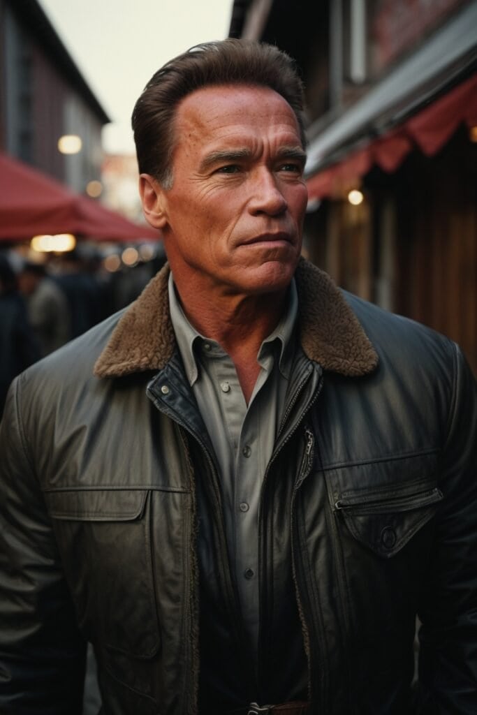 A man with a serious expression, dressed in a collared shirt and leather jacket, stands in an outdoor setting, possibly a market street. Red awnings and blurred figures are visible in the background, reminiscent of the vibrant streets Arnold Schwarzenegger might stroll past on his way to discussing his bodybuilding diet.