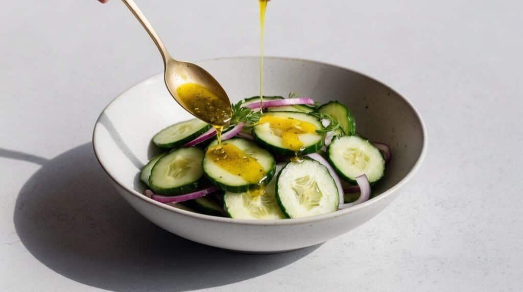 A spoon pours pumpkin seed oil dressing onto a cucumber salad with red onions in a white bowl.