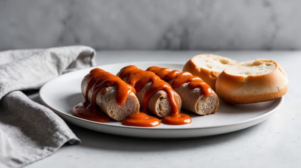 Three authentic German sausages covered in red sauce on a white plate, accompanied by a sliced bread roll. A gray cloth napkin lies next to the plate on a marble surface, adding a touch of traditional charm.