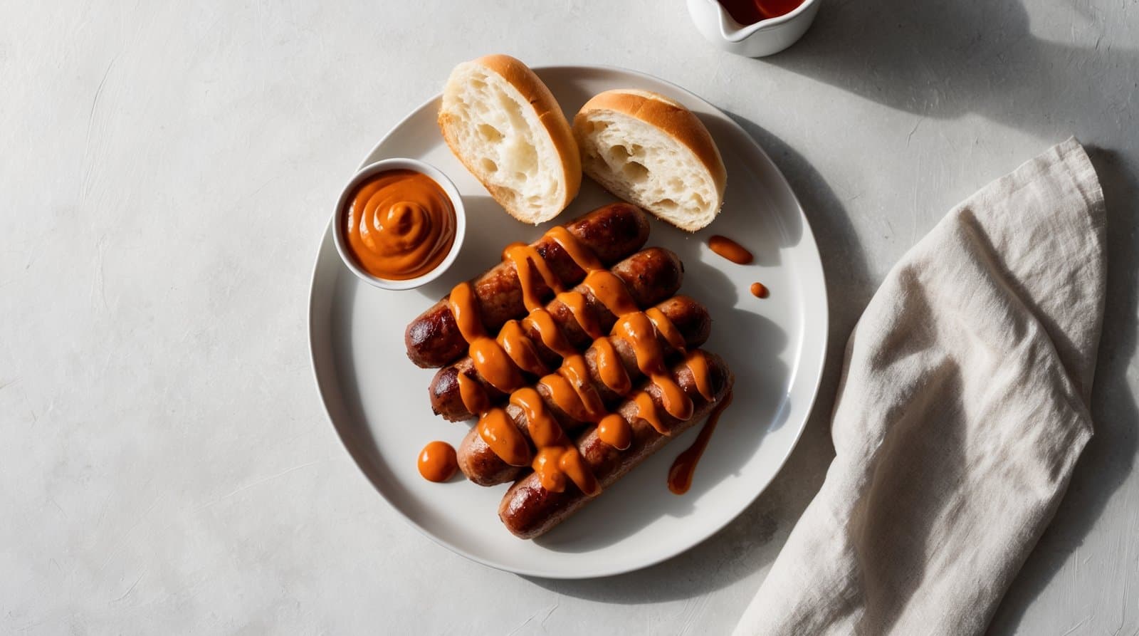 A plate with grilled sausages topped with a zesty orange sauce, evoking an authentic German touch, accompanied by a sliced bun and a small bowl of dipping sauce, placed on a light-colored surface with a napkin on the side.