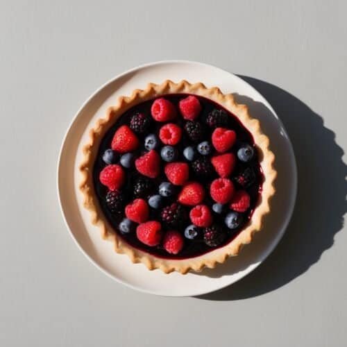 A round fruit tart topped with various fresh berries, including strawberries, raspberries, blueberries, and blackberries, is displayed on a white plate against a light gray background. Try this homemade dessert recipe for your next gathering—it’s as beautiful as it is delicious!