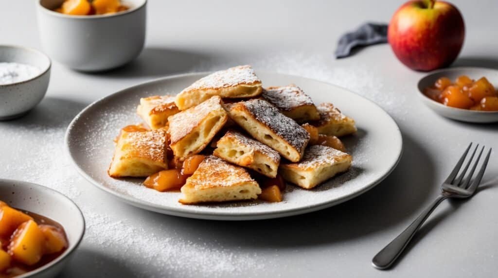 A plate of Fluffy Kaiserschmarrn served with apple compote on a white table. Surrounding items include bowls of apple pieces and powdered sugar, a whole red apple, and a fork.